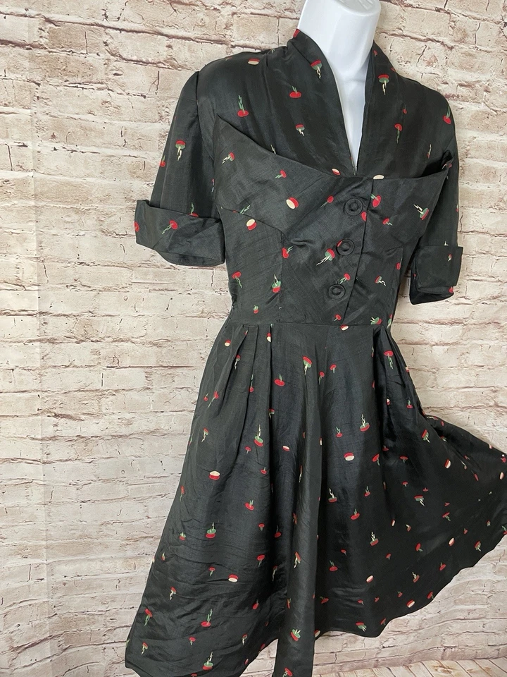 Vestido Pinup Vintage Años 40 Mod Negro Seda Novedad Cóctel Oliva Estampado MCM S/M Foto 4 de 4