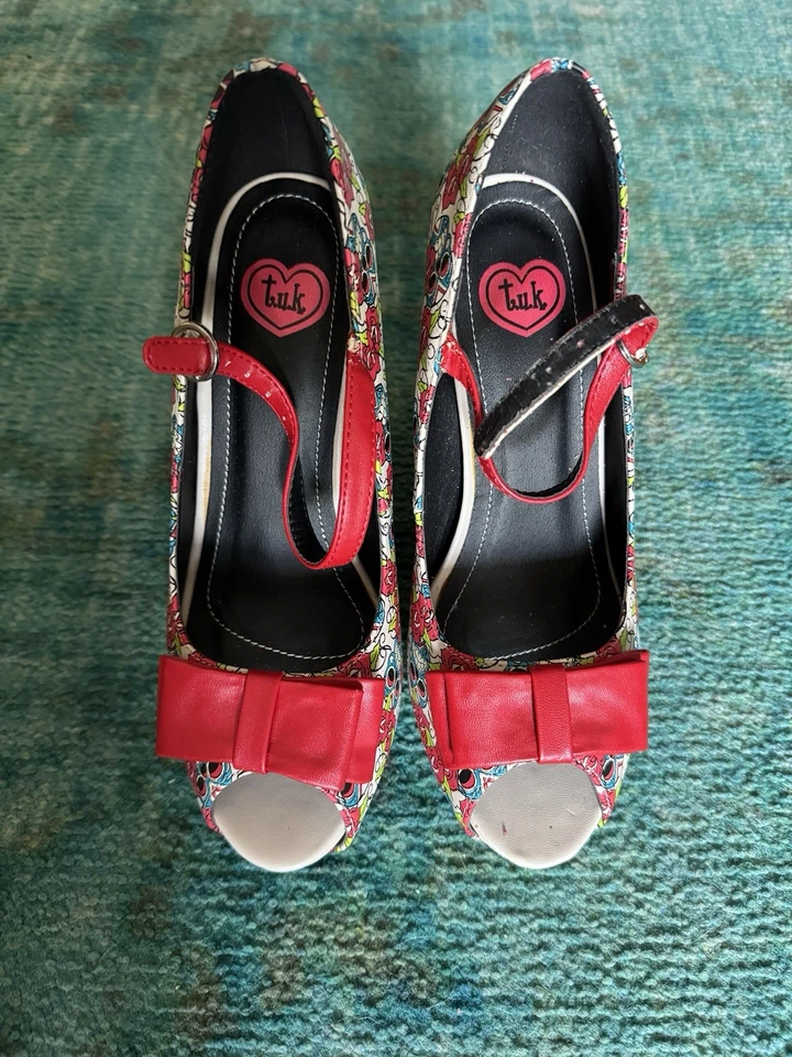 TUK Sugar Skull Plataforma Mary Jane Toeless Rojo Lazo Tacones Multicolor Talla 7 Foto 3 de 4