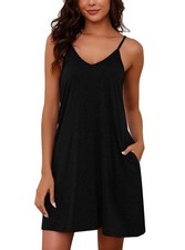 Womens Short Cotton Nightgown Spaghetti Strap V Neck Slip Dress Tank Nightshi...