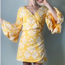 MESTIZA NY Cadiz Canary Yellow Jacquard Bell Puff Sleeve Wrap Mini Dress X-SMALL