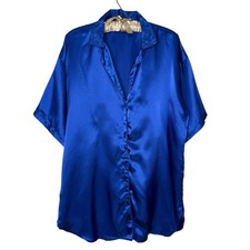 Vintage 80s Gold Label Victorias Secret Night Shirt Dress M/L Blue Satin Korea