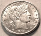 1908 D Barber Liberty Half Dollar, High Grade, Original, Silver 50C Type Coin