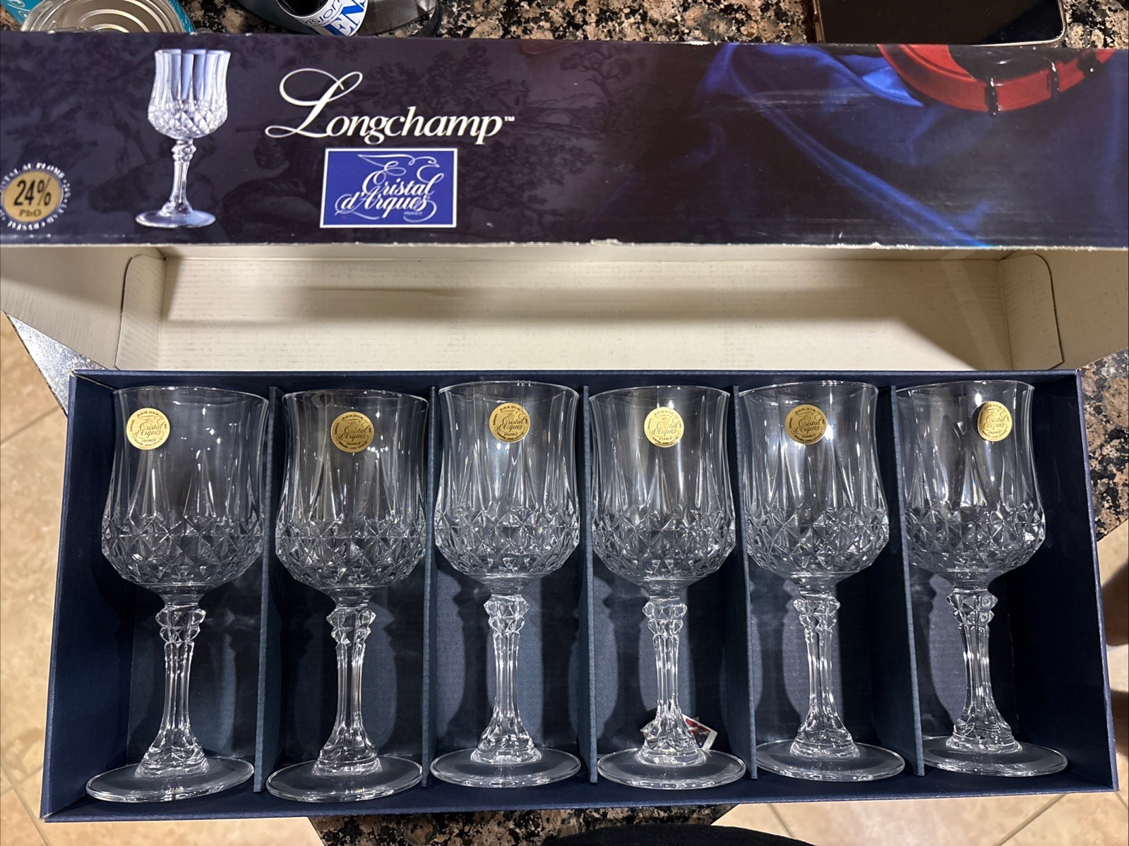 Longchamp Cristal D Arques Glasses Set of 6 New 24% Lead Crystal Wine Glasses