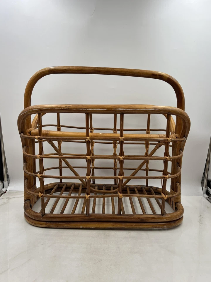 Rattan Bamboo Magazine Rack Holder Wicker Boho Coastal Decor Storage Brown - Image 3 of 4