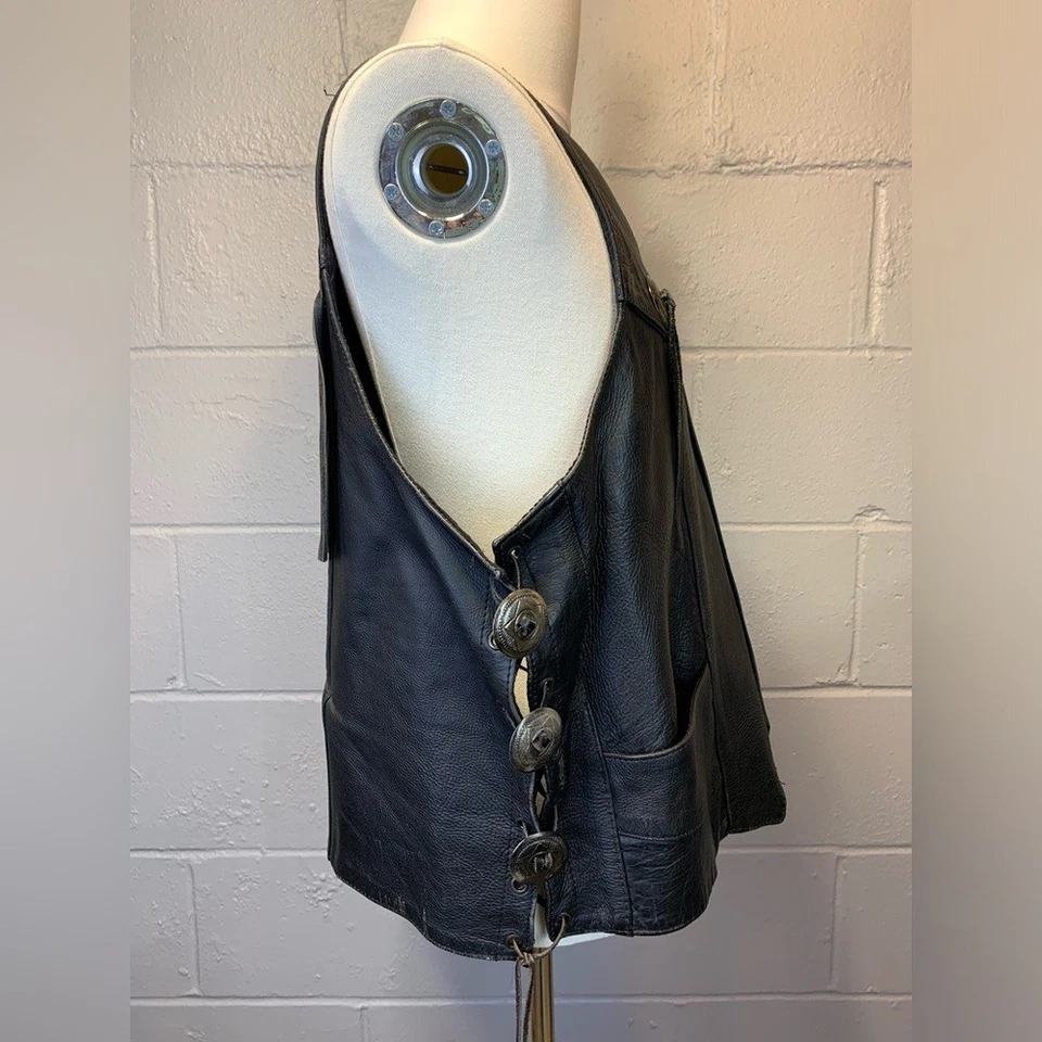 复古 UNIK 男式黑色皮革条纹摩托车骑手背心 XL 码 — 第 4/4 张图片