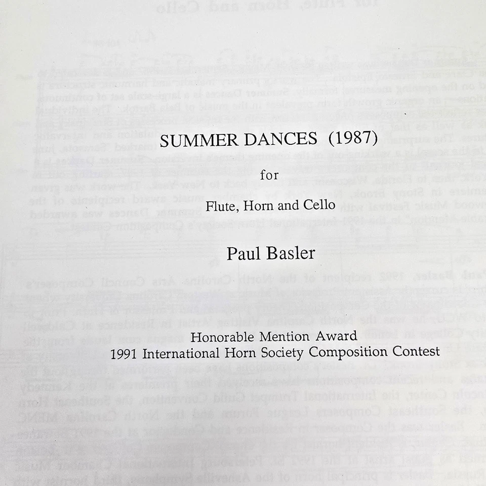 Summer Dances for Flute Horn and Cello Sheet Music Score Parts 1987 Vintage - Image 2 of 4