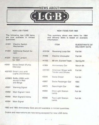 Vintage LGB Marklin Train Dealer News Pricing Announcement 1984 Paper Ephemera