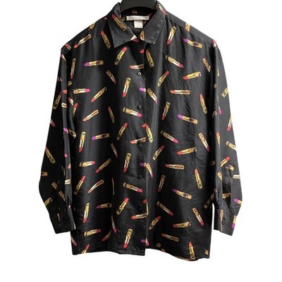 The Limited Top Black Silk Lipstick Print Button Down Size S Blouse Office Chic