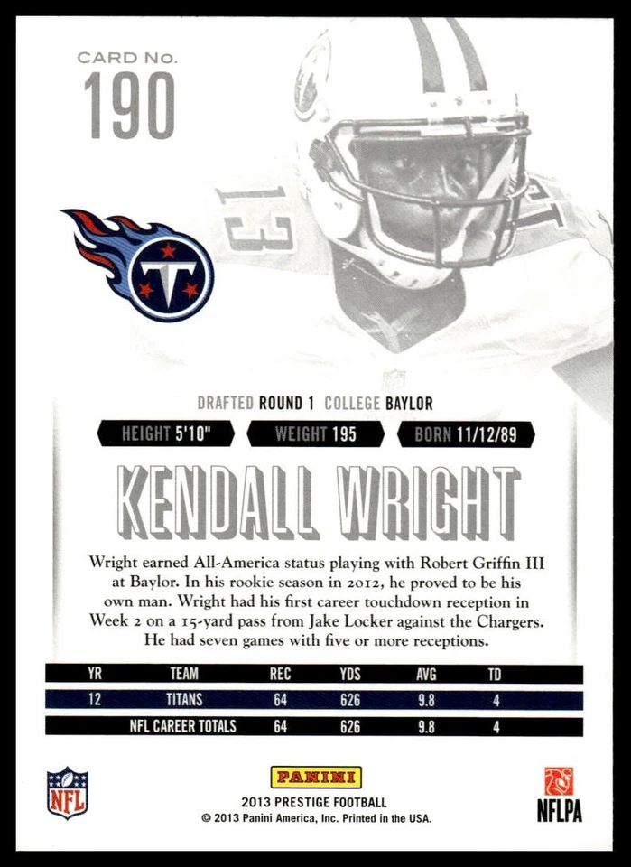 2013 Panini Prestige #190 Kendall Wright [GOATCARDS] - Image 2 of 2