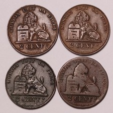 1856, 1857, & 1862  Belgium 2 Centimes Copper Coins (4)  KM#4
