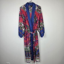 Natori Paisley Floral Satin Robe Kimono Multicolored Pockets Tie Waist Size S