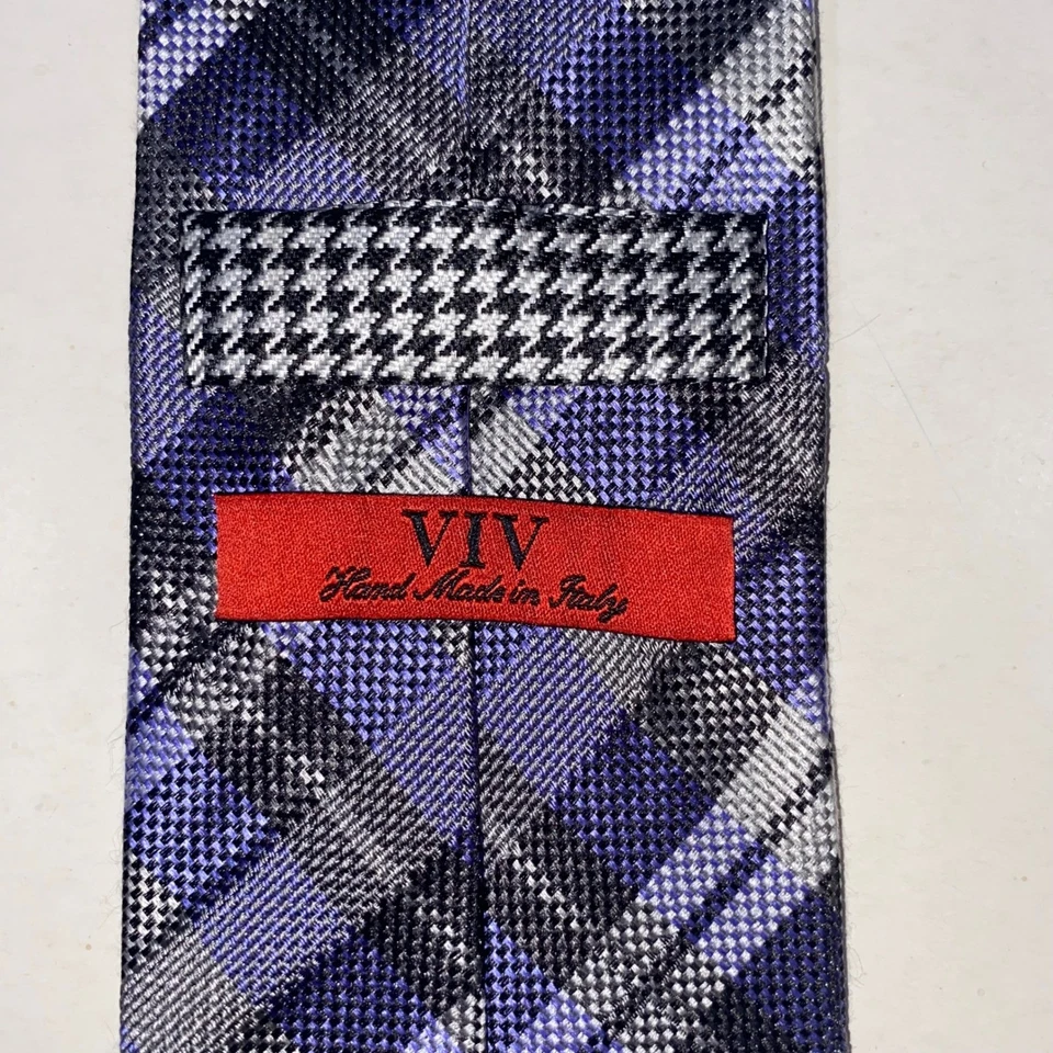 VIV Corbata Hecha a Mano en Italia Azul Gris Diseño Pata de Gallo Foto 2 de 4