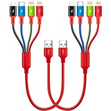 Short Multi Charging Cable, 1Ft/2Pack Cord, 4 in 1 1 foot, Red