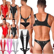 Men Sexy Leather Hollow Out Lingerie Bodysuit Backless High Cut Thongs Jockstrap