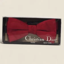 Rare Christian Dior Red Silk Bow Tie Paris Made in USA Adjustable BOXED VTG