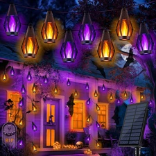 Solar Halloween Lights, 27Ft 10 LED Bulbs Flickering Flame String Light, Outdoor