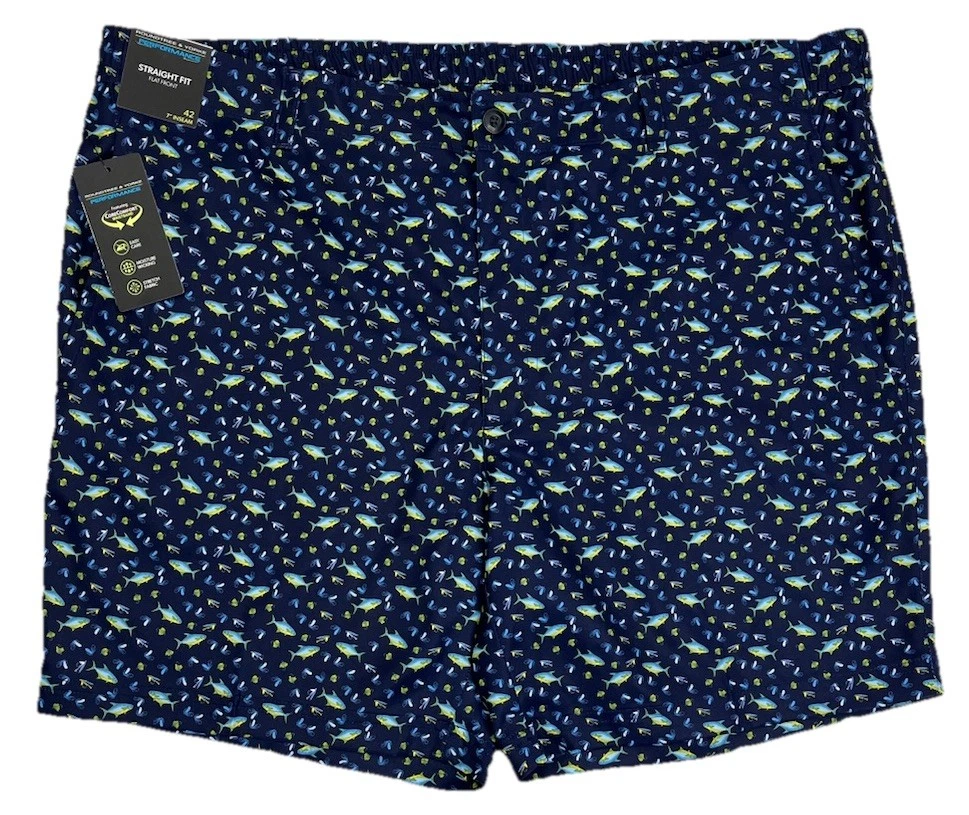 Men's Roundtree & Yorke Performance Straight Fit Shorts 42 Fish Print NEW Navy