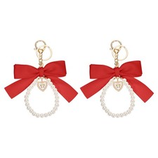 2Pcs Ribbon Bow Keychain Pearl Wristlet Keychain Heart Pendant, Red