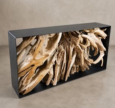 59" Whitewashed Teak Root Console Table "Salt" Metal Base Solid Reclaimed Wood