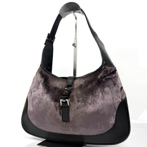 Gucci Tom Ford Jackie Crushed Velvet Shoulder Bag Black Purple Leather Authentic