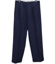 French 1940s Dark Blue Striped Wool Tailor Made Pleated Pants W33 Made in France