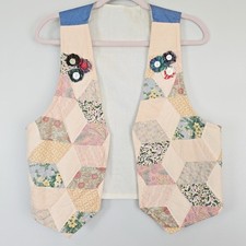 Vintage Handmade Patchwork Quilted Vest Open Button Decorations Flowers S/M.C101