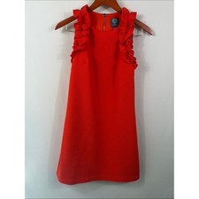 Vince Camuto Bright Orange Red Shift Dress Textured Knit with Ruffles Size 2