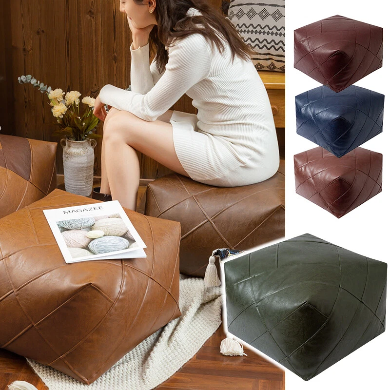 Unstuffed Moroccan PU Leather Footstool Cover Weave Grain Pouffe Cushion Seat - Image 4 of 4