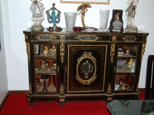 1860 FRENCH LARGE CABINET, BRONZE ORMOLU MOUNTED EBONIZED PIETRA DURA INLAID. - Picture 2 of 13