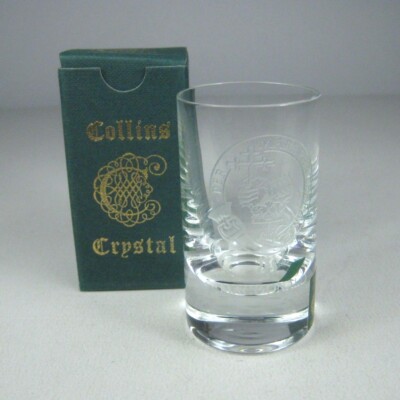 Collins Crystal Etched Shot Glass CLAN MacDonald Box Scotland Clear