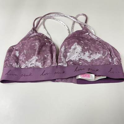 PINK Victorias Secret Size Medium Bra Bralette Cup DD Purple Velvet Strappy 0759