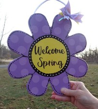 FLOWER Hello Spring Purple Wood Plaque Country Decor Hand Crafted Door Wall