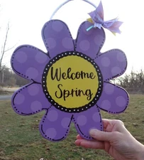 FLOWER Hello Spring Purple  Wood Plaque Country Decor Hand Crafted Door Wall