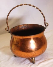 Copper Pot Cauldron Planter Brass Footed Twisted Handle Patina