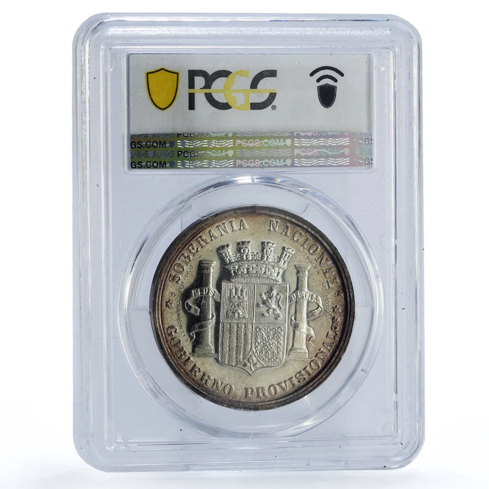 Spain Provisional Gobierno 5 Pesetas 1869 Restrike SP65 PCGS silver medal 1968 - Image 2 of 2