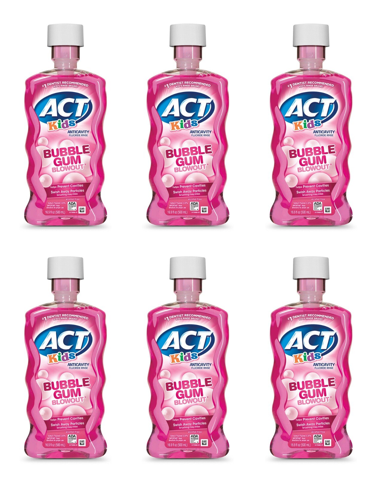 6 Pack ACT Kids Anticavity Fluoride Rinse Bubble Gum Blowout 16.9 fl
