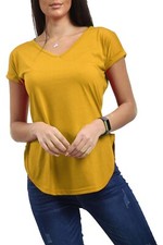 WOMENS LADIES PLAIN V NECK CURVED HEM TURN UP SHORT SLEEVE JERSEY T SHIRT TOP