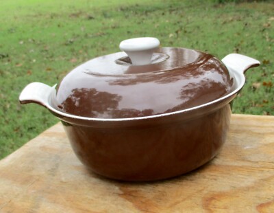 BROWN & WHITE DESCOWARE RC-22 BELGIUM COCOTTE & LID BAKING DISH CASSEROLE