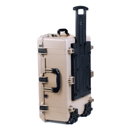 Tan Pelican 1650 with foam. Comes with wheels