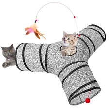 3-Way Collapsible Cat Tube Toys Kitty Tunnel with Peek Hole Ball for Cats  K...