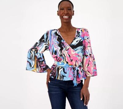 Attitudes By Renee Global Illusions Faux Wrap Shirt Neon Waves M New