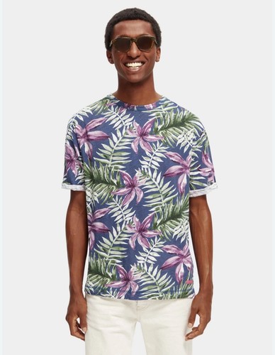 Scotch & Soda Amsterdam Men's L Purple Palm-Print T-Shirt Crewneck Short Sleeve