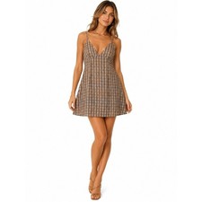 NWT Free People Size Large Plaid Tan Tank Dress in Gray and Orange