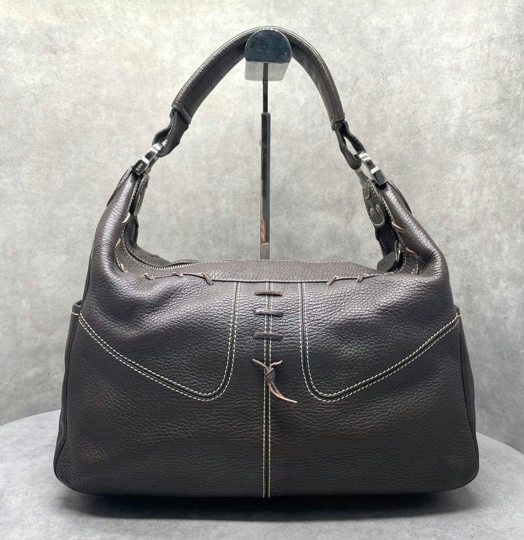 TOD'S Shoulder Bag Purse Hobo Leather Dark Brown Authentic