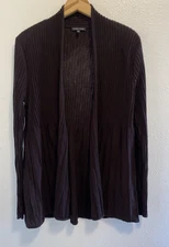 Eileen Fisher Quiet Luxury Cardigan Sweater Brown/Eggplant Pleated Wool Medium
