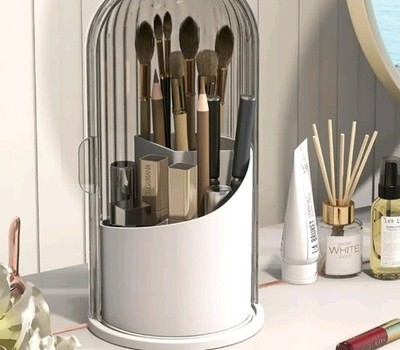 Gray/White Covered Dome Countertop Makeup Brush Holder, 3 Compartments