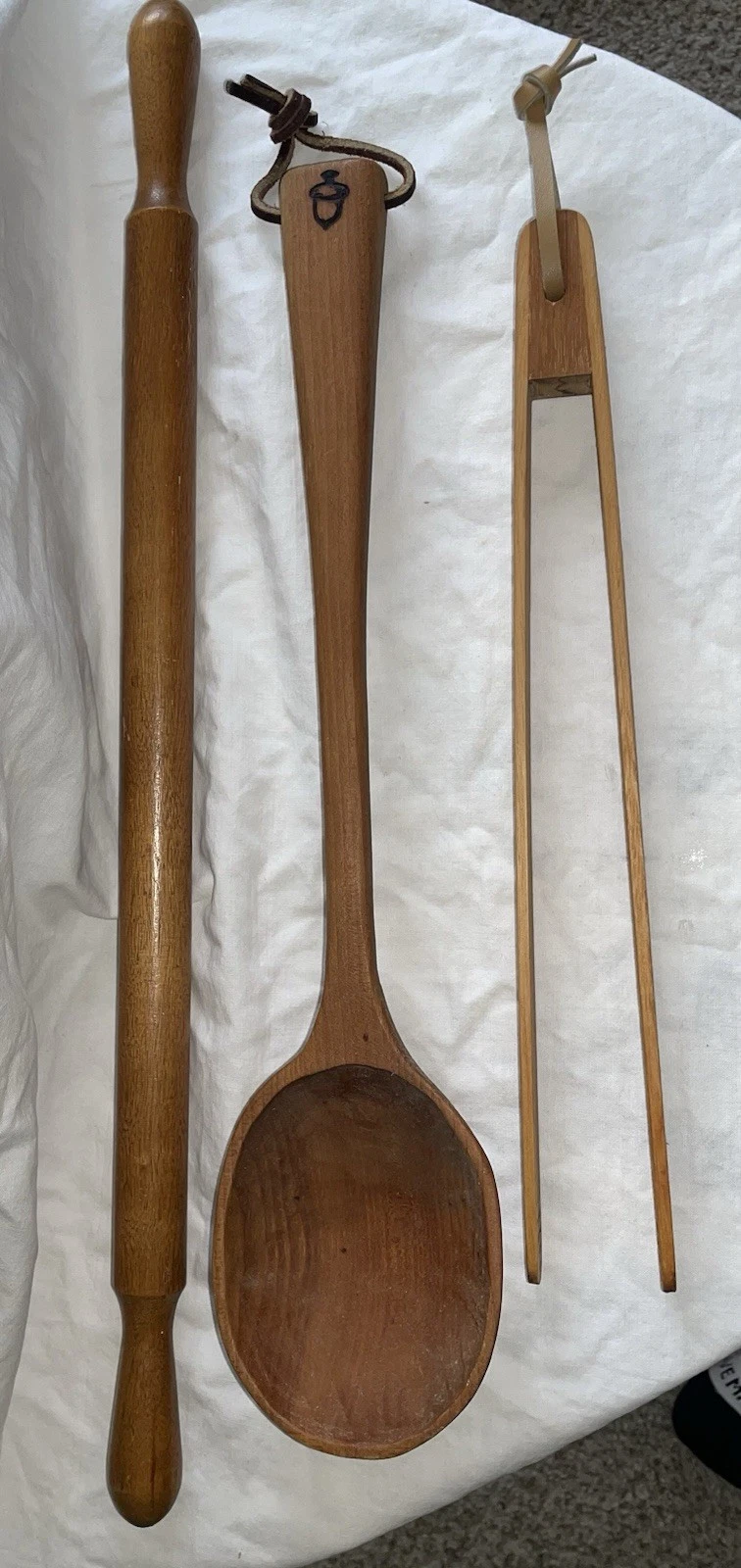 Hand Carved Wood Ladle Spoon Dumpling Skinny Rolling Pin Wood Pinchers Acorn