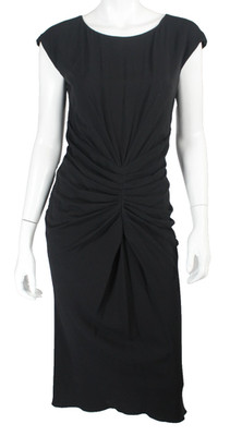 CHRISTIAN DIOR Black Crepe Pleated Ruching Cap-Sleeve Sheath Dress 38