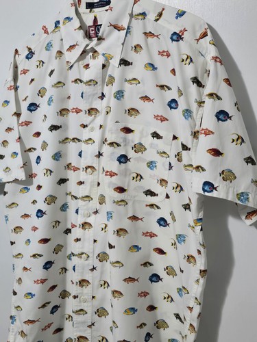 Vintage 1990s Chaps Ralph Lauren Ocean Fish Button Up Dress Shirt Men's Size L - Picture 2 of 11