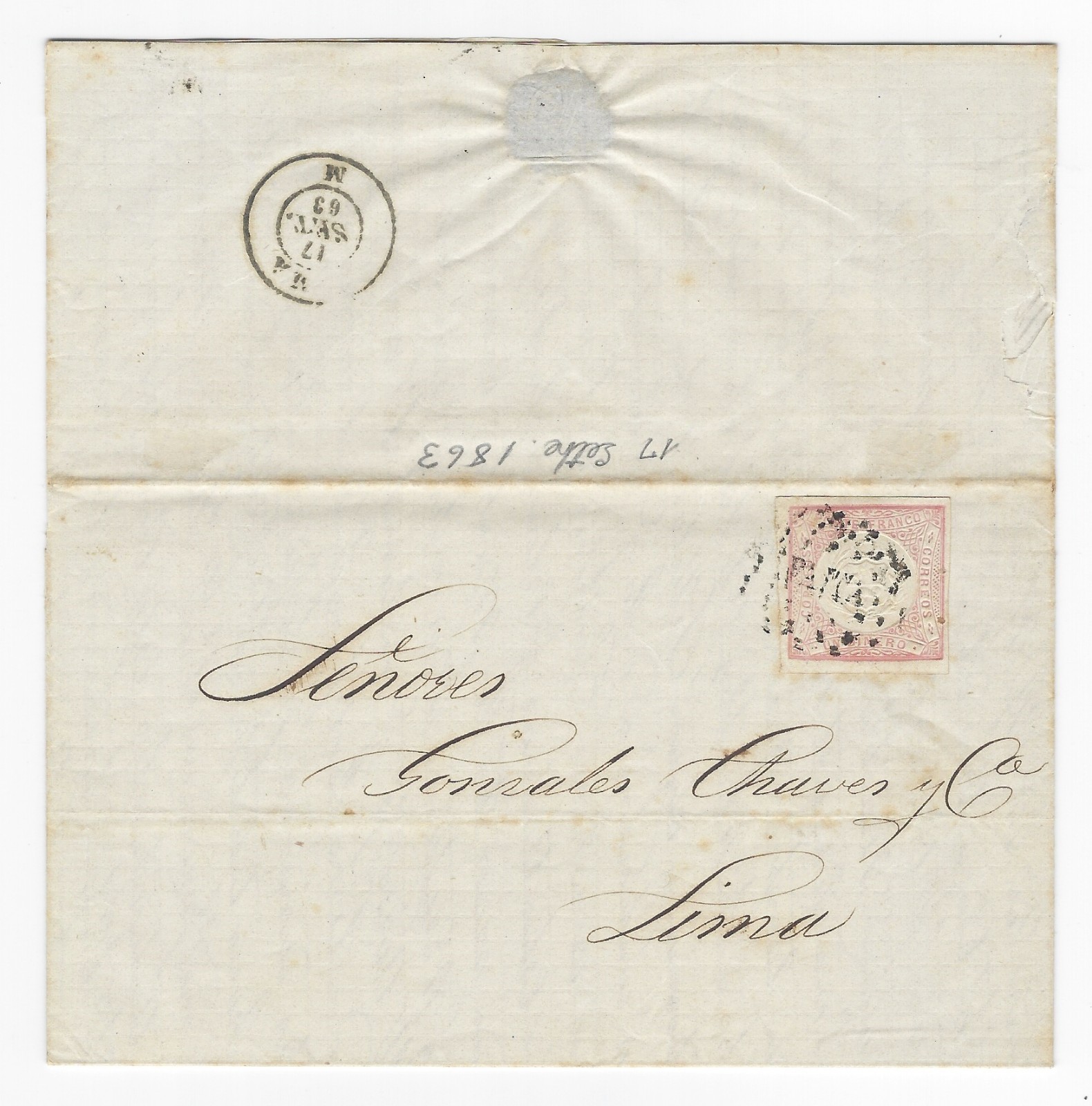 Peru 1863 Cover Paita-Lima Scott 12b Un Dinero On Thick Paper VF Full Contents!